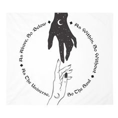 two hands reaching towards each other in front of a circle with the moon and stars above it