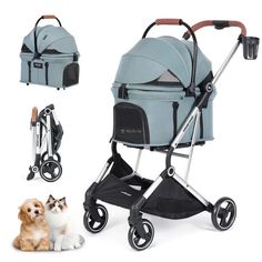 a small dog sitting next to a stroller