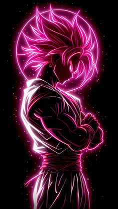 a man with his arms crossed standing in front of a black background and pink neon lights