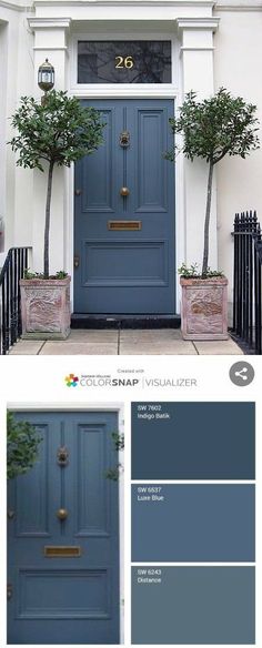 the front door is painted blue and has two potted trees