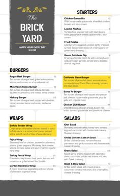 a menu for the brick yard restaurant, with yellow and black lettering on white paper