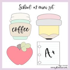 a cup of coffee, a heart and a notepad with the words school 1 min set