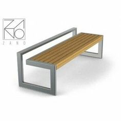 a wooden bench sitting on top of a white floor next to a metal framed wall