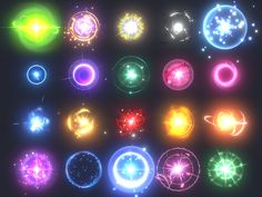 an array of glowing circles and stars on a black background