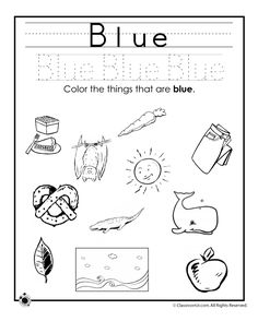 blue worksheet with pictures and words for kids to color on the page, which includes