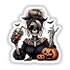 a skeleton girl holding a drink and two pumpkins