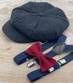 Your special guy will look so handsome when he shows up in his burgundy red bow tie , wool navy newsboy cap and matching navy suspenders . Great set for groomsman, best man or ring bearers - This set is a great choice for family photos, wedding, ring bearer outfit, birthday celebration or any other special occasion.  Please  contact us about FREE COLOR SAMPLES ! Each bow tie comes pre-tied and made with adjustable strap . You can also write the note for your order if you need ALLIGATOR CLIP or B Navy Blue Burgundy Ring Bearer, Wedding Ring Bearer Outfit, Wedding Ring Bearer, Suspenders Wedding, Flat Hat, Outfit Birthday, Bearer Outfit, Ivy Cap, Ring Bearers