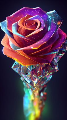 a colorful rose on top of a crystal object with water droplets and stars in the background