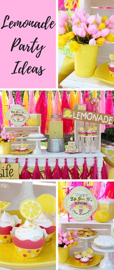 Yellow and Pink Lemonade Party Ideas - Perfect party for spring and summer. By Michelle's Party Plan-It One Year Old Lemon Birthday Party, Lemonade Birthday Theme, Lemonade Stand Birthday Party Ideas, Lemonade Baby Shower Theme Girl, One Year Old Birthday Party Girl Summer, Lemon First Birthday Theme, Lemon Birthday Theme, Lemonade First Birthday Party