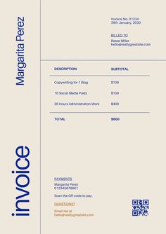 an invoice is shown on the front and back of a white sheet with blue writing