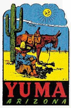 the yuma arizona sticker has a cowboy and a horse in front of a cactus