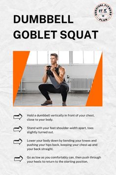 the dumbbell gobblet squat workout guide is shown in this image with instructions on how to do it