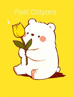 a white bear holding a yellow flower on top of a yellow background with the words pixel crayos