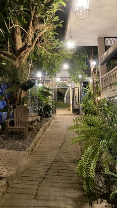 the walkway is lined with chairs and trees