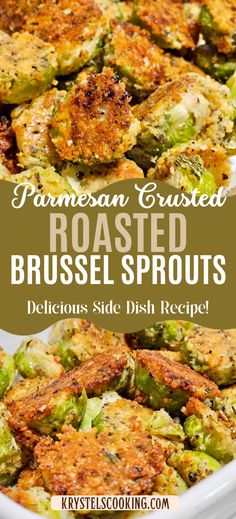 roasted brussel sprouts in a white dish with text overlay