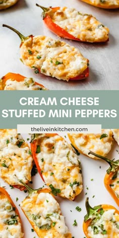 mini cheese stuffed peppers on a baking sheet with text overlay that reads, cream cheese stuffed mini peppers