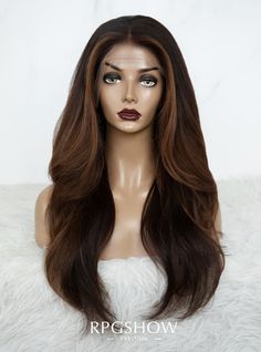 Long Middle Part Wavy Layered Chocolate Brown Highlights Yaki Texture Lace Front Wigs - JIA017 Hair Color Chocolate Brown, Chocolate Brown Highlights, Long Middle Part, Hair Color Chocolate