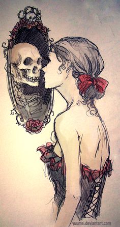 a drawing of a woman kissing a skeleton in front of a mirror with a red bow on her head