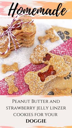 homemade peanut butter and strawberry jelly dog treats with text overlay that reads homemade peanut butter and strawberry jelly dog cookies