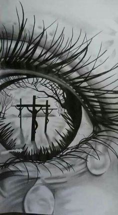 a drawing of an eye with jesus on the cross in it's iris and water drops