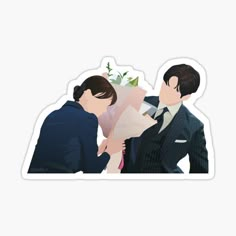 two men in suits are holding flowers and one is looking at the other sticker