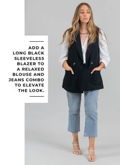 Styling A Sleeveless Blazer, Sleeveless Blazer Street Style, Vest Jacket Outfits For Women, Sleevless Blazer Outfit, Black Sleeveless Blazer Outfit, Vest Blazer Outfit, Blazer Vest Outfit, Sleeveless Jacket Outfit