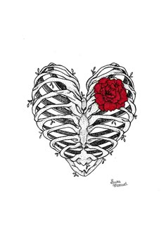 a drawing of a skeleton with a rose in it's ribcage heart