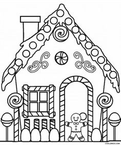 a gingerbread house with candy canes and candies on the roof is outlined in black and white