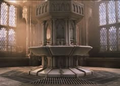 an artistic rendering of a fountain in the middle of a large room with lots of windows