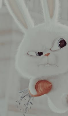 a white rabbit with glasses holding a carrot