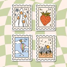 four stamps with different pictures on them