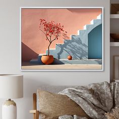 a living room scene with focus on the vases and plant in the foreground