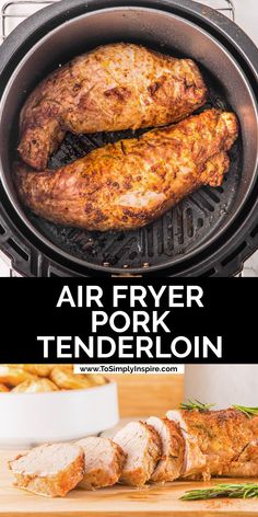 Two pork tenderloins cooking in an air fryer basket and sliced on a wood cutting board showing juiciness. Airfryer Pork Loin, Pork Loin Recipes Air Fryer, Air Fryer Pork Tenderloin Recipes, Pork Tenderloin In Air Fryer, Air Fryer Pork Loin, Easy Pork Tenderloin Recipe, Air Fryer Pork Tenderloin, Airfry Recipes, Easy Pork Tenderloin Recipes