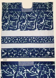 two pictures of blue and white fabric with different designs on the bottom, one showing an intricate