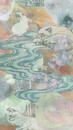 an abstract painting with cats and flowers in the water, surrounded by other things that appear to be floating on land