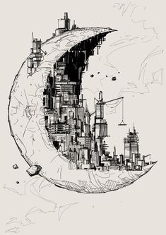 a drawing of a city on the moon