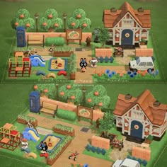 two pictures of the same area in animal crossing, with different houses and playgrounds