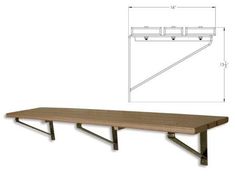 a wooden table with two metal brackets on the top and bottom, along with measurements