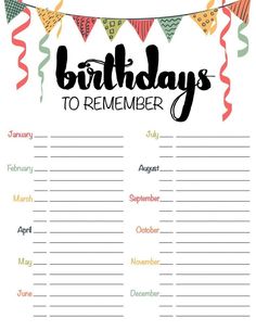 birthdays to remember printable with bunting and streamers on the line above it