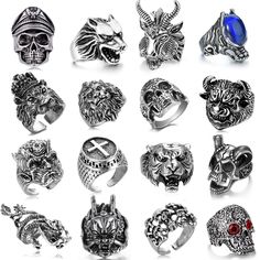 PRICES MAY VARY. 😎【PUNK RINGS SET】One order include 16pcs gothic punk ring, all the vintage punk rings in different styles, including chinese dragon ring, bull demon king ring, skull rings, wolf head ring, lion king ring, tiger ring, cross ring, goat ring, skeleton ring and so on shape. Multiple types of cool rings are provided to match your daily clothes or take to attend parties. Bonus points for your overall styling, you can become more charming in the crowd. 【QUALITY MENS RINGS】The retro ri Black Metal Skull Ring Symbolic Style, Symbolic Black Metal Skull Ring, Gothic Jewelry For Biker Events And Halloween, Punk Stainless Steel Rings For Halloween, Black Gothic Skull Ring For Biker Events, Black Symbolic Skull Ring For Halloween, Symbolic Black Skull Ring For Halloween, Male Rings, Gothic Jewelry Diy