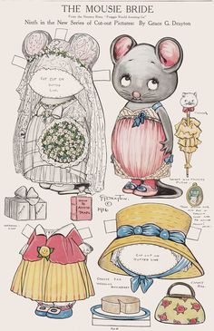 the mouse bride paper doll is shown with other items in it's packaging and instructions