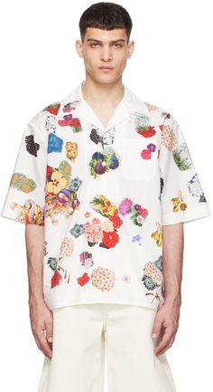 Cotton poplin shirt. Floral pattern printed throughout. · Hand-embroidered logo at open spread collar · Button closure · Patch pocket Supplier color: Lily white White Floral Shirt, Wedding Dress Code, Printed Shirts Men, Lily White, Floral Prints Pattern, Cotton Poplin Shirt, Novelty Print, Poplin Shirt, Dream Wedding Dresses