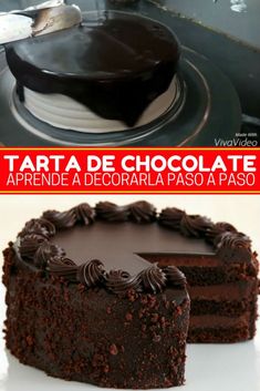 a chocolate cake on a plate with the words tarta de chocolate written in spanish