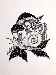 a black and white drawing of a snail on top of leaves with flowers in the background