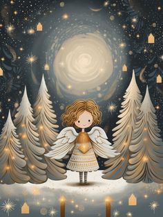 an angel standing in the middle of a snowy forest at night with stars and lights