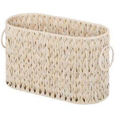 a large woven basket with handles on the bottom is shown in natural colors and has an oval