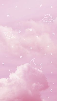 the sky is filled with white stars and crescents on pink clouds, as well as an image of saturn