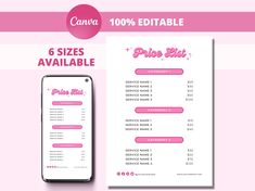 a pink and white menu with the text, 6 sizes available for purchase on it