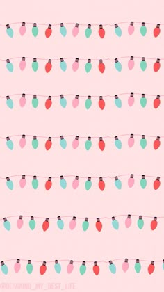 a pink background with small christmas lights on the string and hearts hanging from it's sides