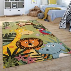 a child's bedroom with an animal rug on the floor